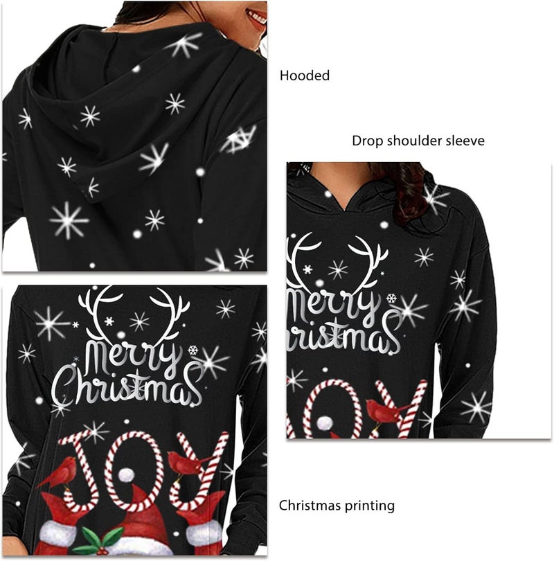 woobles Hoodie Dress, Womens Hoodie Dress Christmas Pattern Print Polyester Casual for Shopping - Image 4